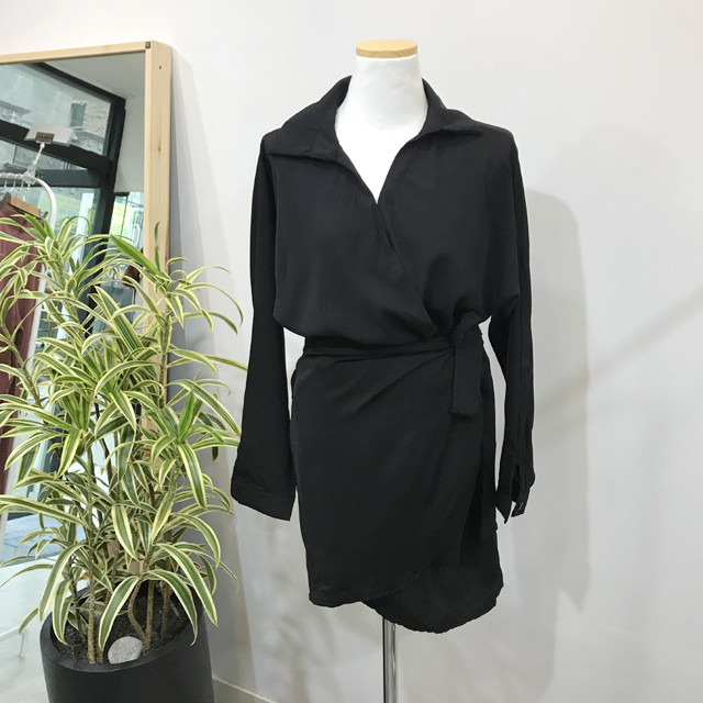 New V Neck Stripe Shirt Wrap Dress Black Mini Autu