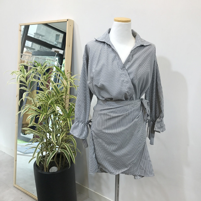 New V Neck Stripe Shirt Wrap Dress Black Mini Autu