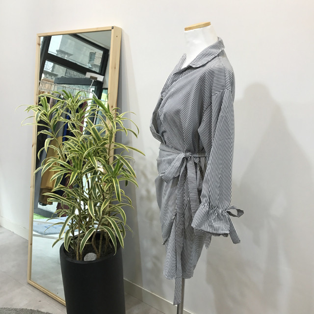 New V Neck Stripe Shirt Wrap Dress Black Mini Autu