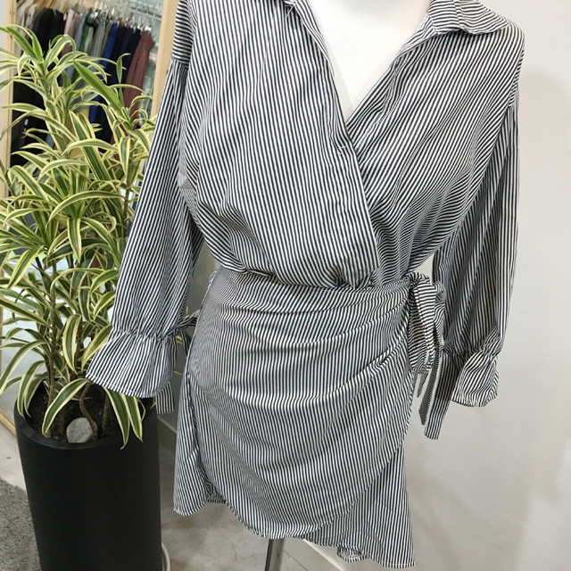 New V Neck Stripe Shirt Wrap Dress Black Mini Autu