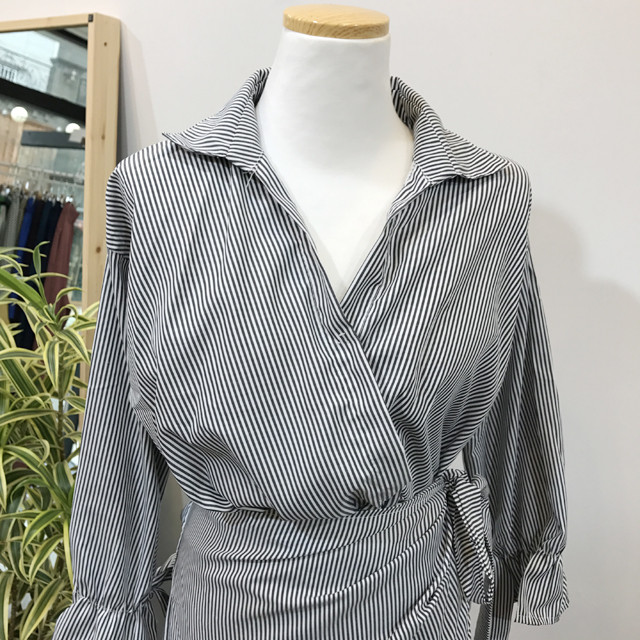 New V Neck Stripe Shirt Wrap Dress Black Mini Autu