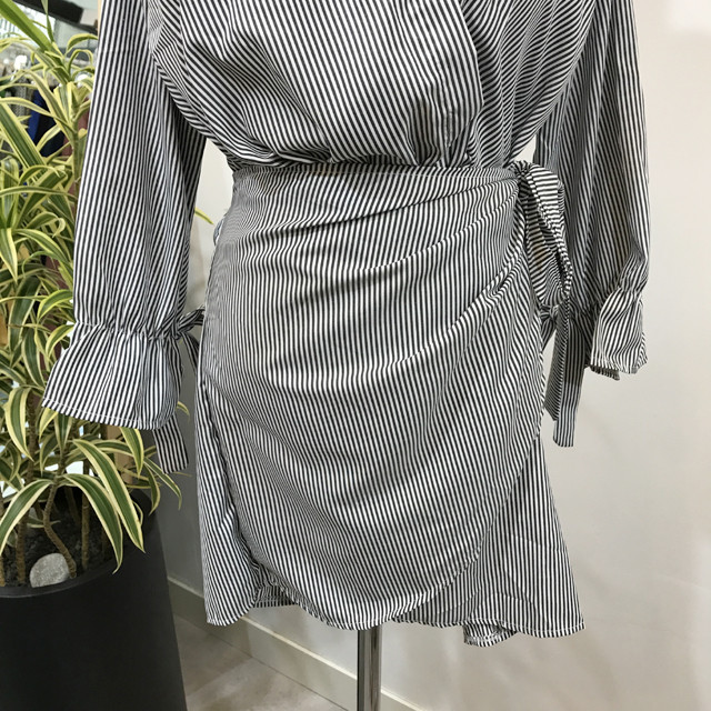 New V Neck Stripe Shirt Wrap Dress Black Mini Autu
