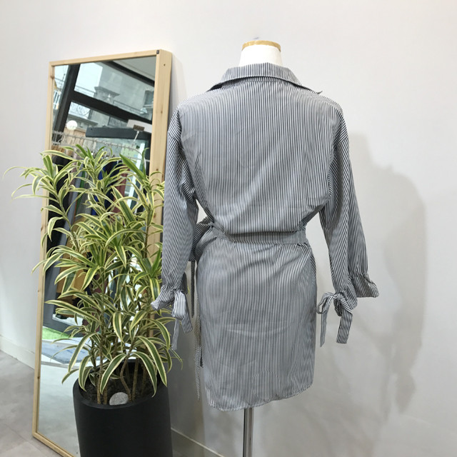 New V Neck Stripe Shirt Wrap Dress Black Mini Autu