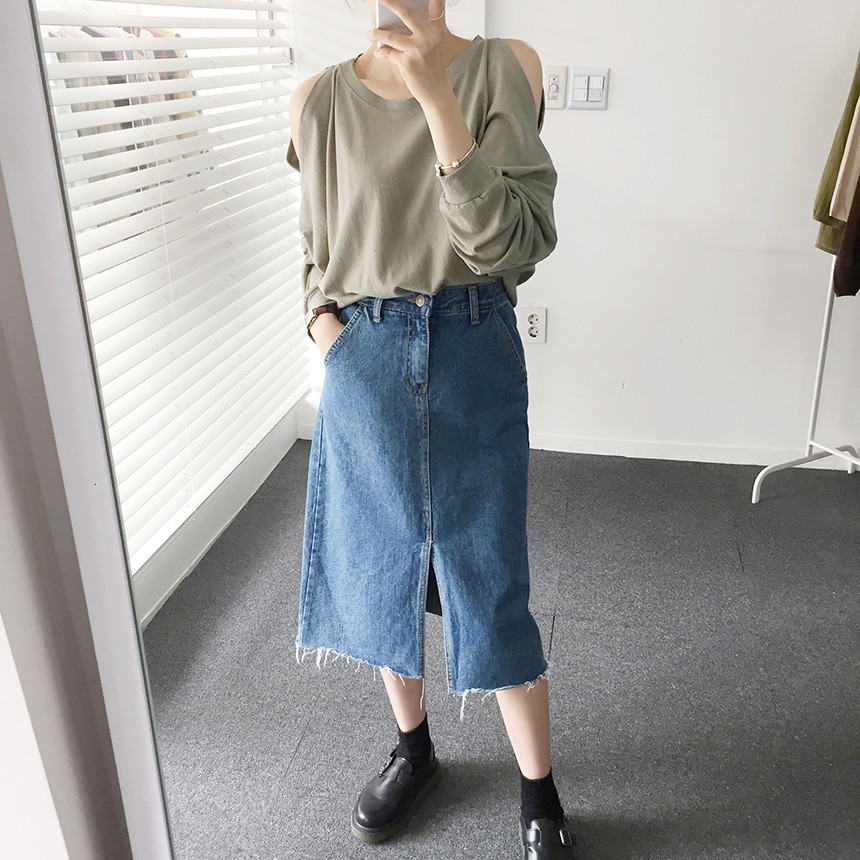 Denim Skirt Front Chinchilla Denim Skirt Slit Midi