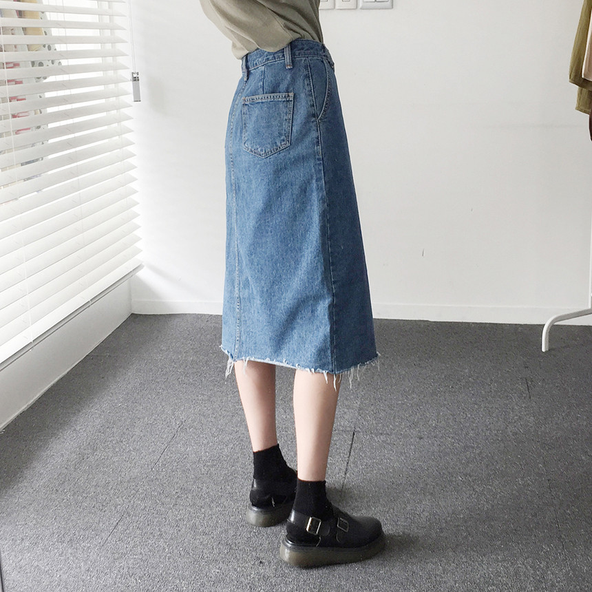Denim Skirt Front Chinchilla Denim Skirt Slit Midi