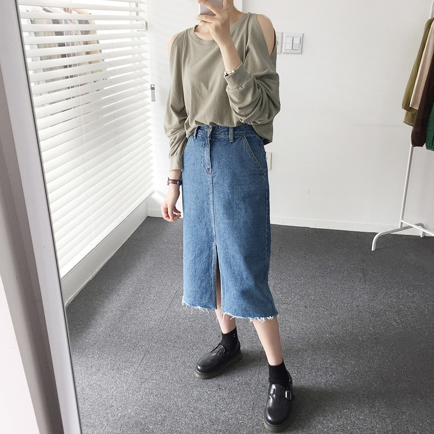 Denim Skirt Front Chinchilla Denim Skirt Slit Midi