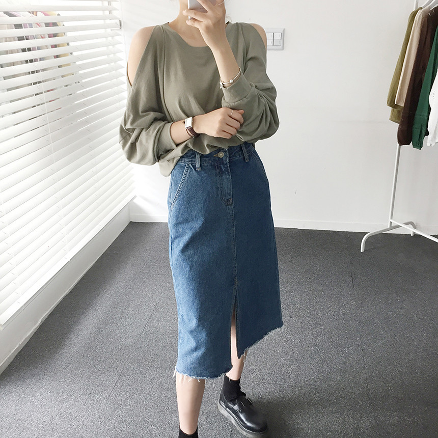 Denim Skirt Front Chinchilla Denim Skirt Slit Midi