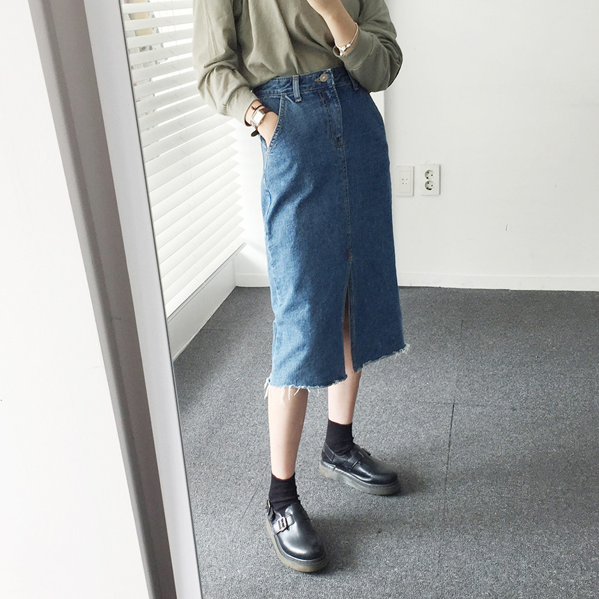 Denim Skirt Front Chinchilla Denim Skirt Slit Midi