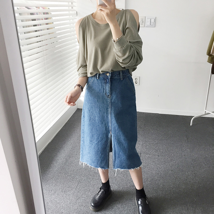 Denim Skirt Front Chinchilla Denim Skirt Slit Midi