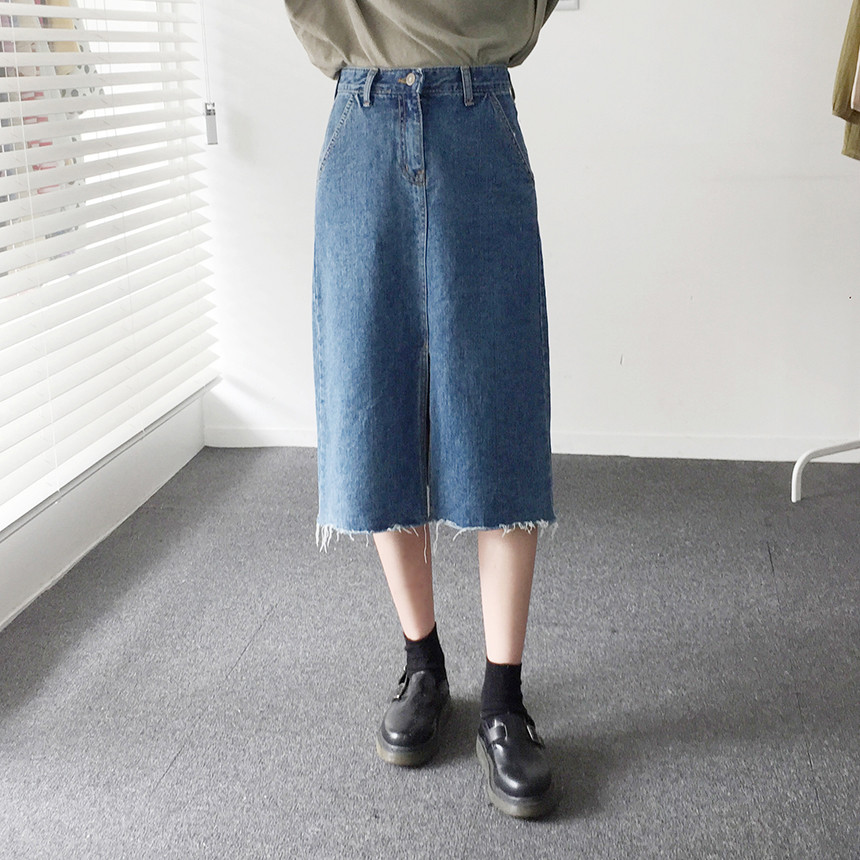 Denim Skirt Front Chinchilla Denim Skirt Slit Midi