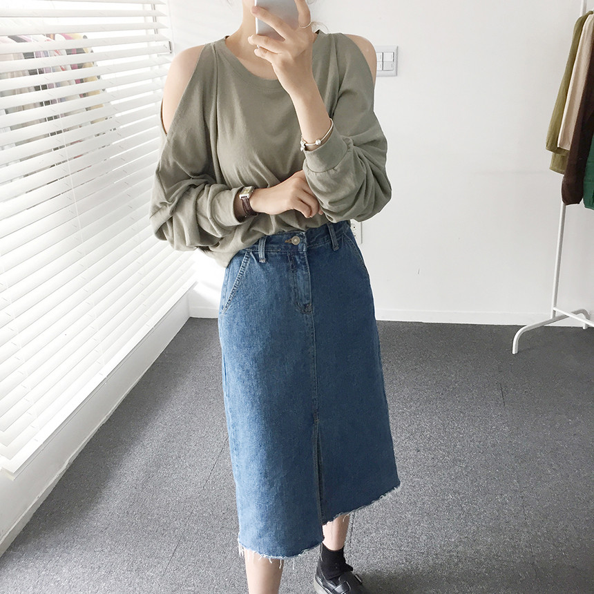 Denim Skirt Front Chinchilla Denim Skirt Slit Midi