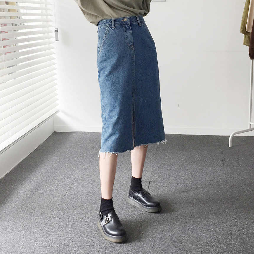 Denim Skirt Front Chinchilla Denim Skirt Slit Midi