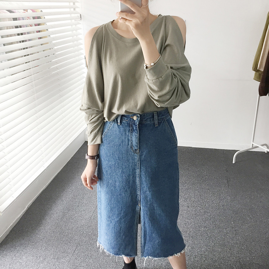 Denim Skirt Front Chinchilla Denim Skirt Slit Midi
