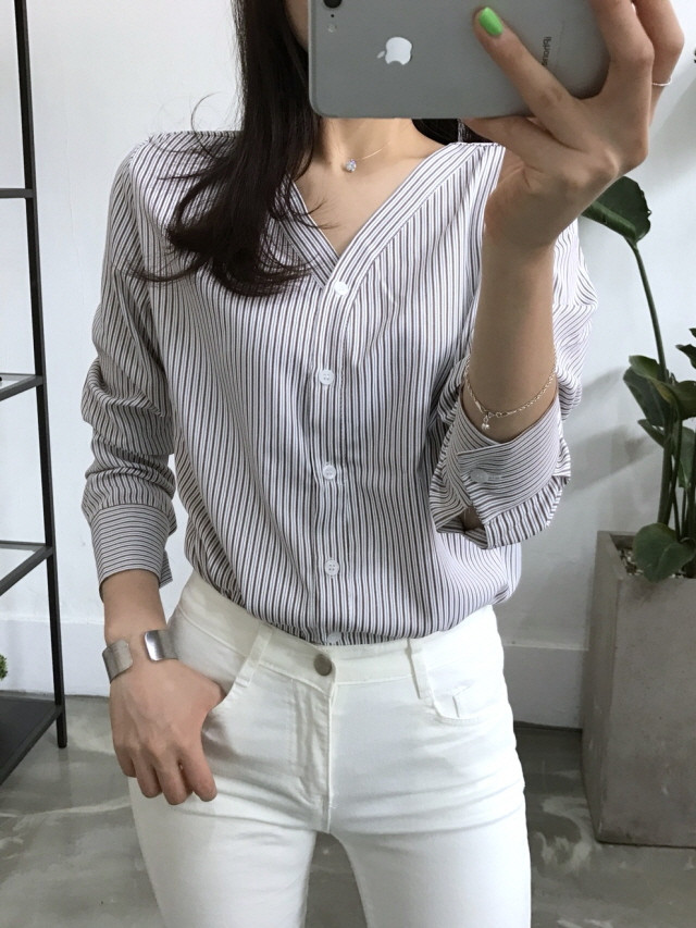 NEW FASHION LADY GIRL Blouse Stripe V-neck blouse