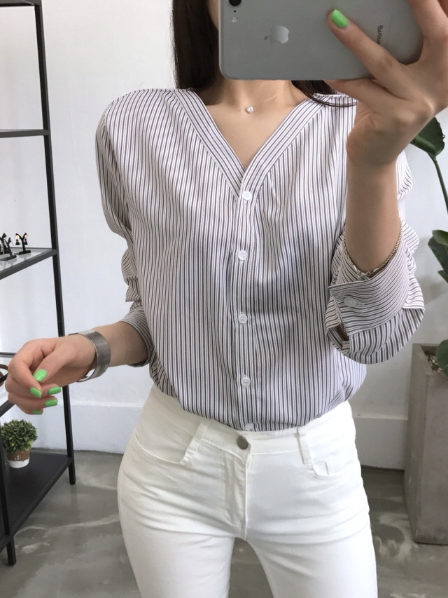 NEW FASHION LADY GIRL Blouse Stripe V-neck blouse