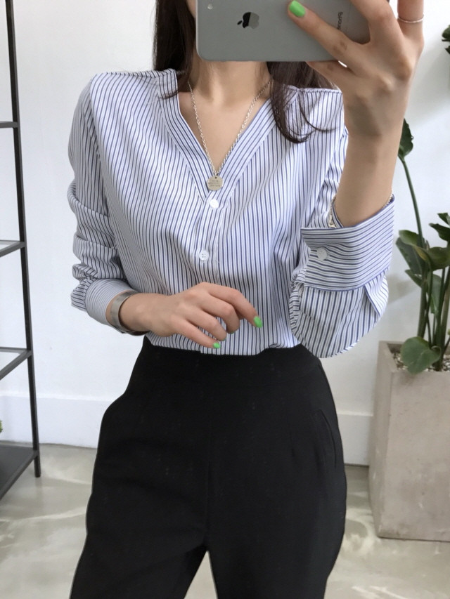 NEW FASHION LADY GIRL Blouse Stripe V-neck blouse