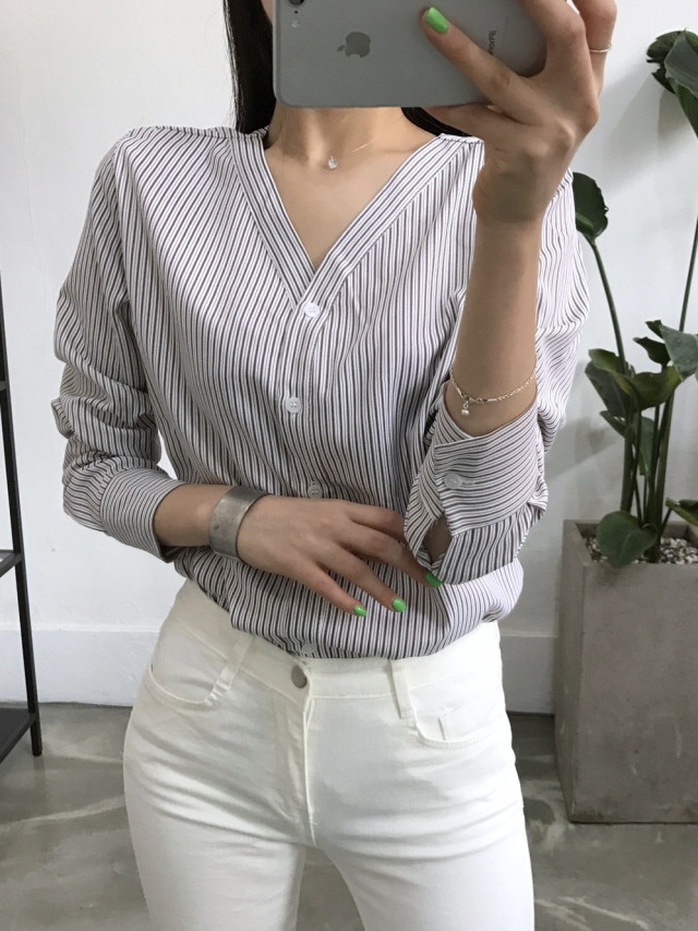NEW FASHION LADY GIRL Blouse Stripe V-neck blouse