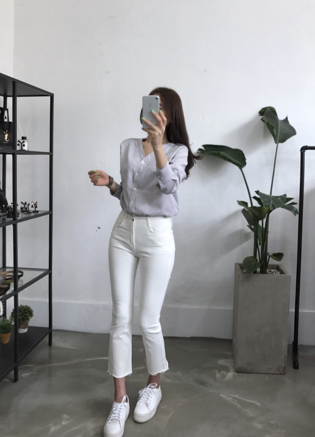 NEW FASHION LADY GIRL Blouse Stripe V-neck blouse