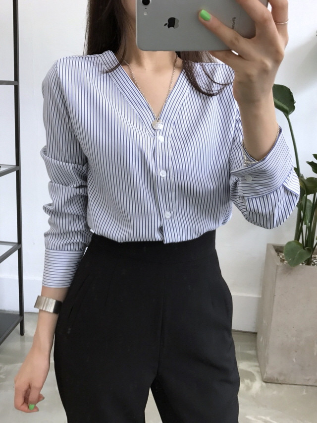 NEW FASHION LADY GIRL Blouse Stripe V-neck blouse