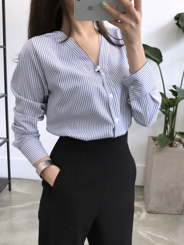 NEW FASHION LADY GIRL Blouse Stripe V-neck blouse