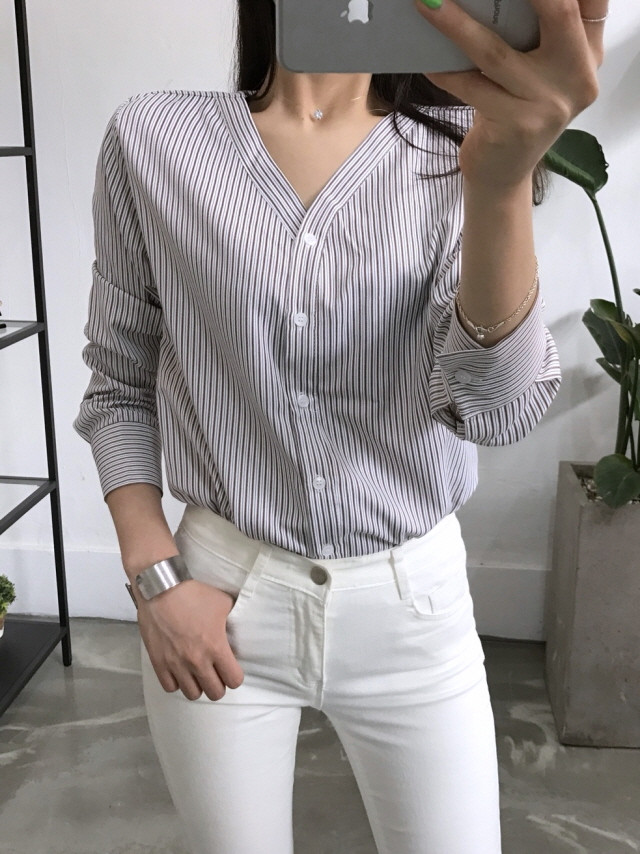 NEW FASHION LADY GIRL Blouse Stripe V-neck blouse