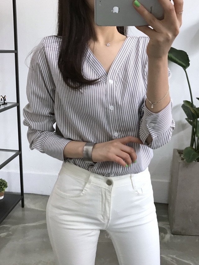 NEW FASHION LADY GIRL Blouse Stripe V-neck blouse
