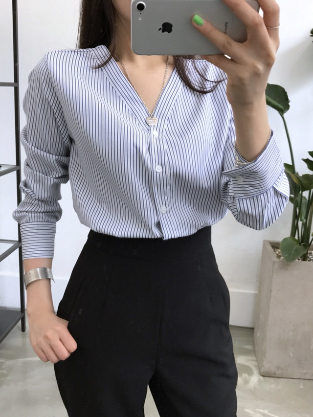 NEW FASHION LADY GIRL Blouse Stripe V-neck blouse