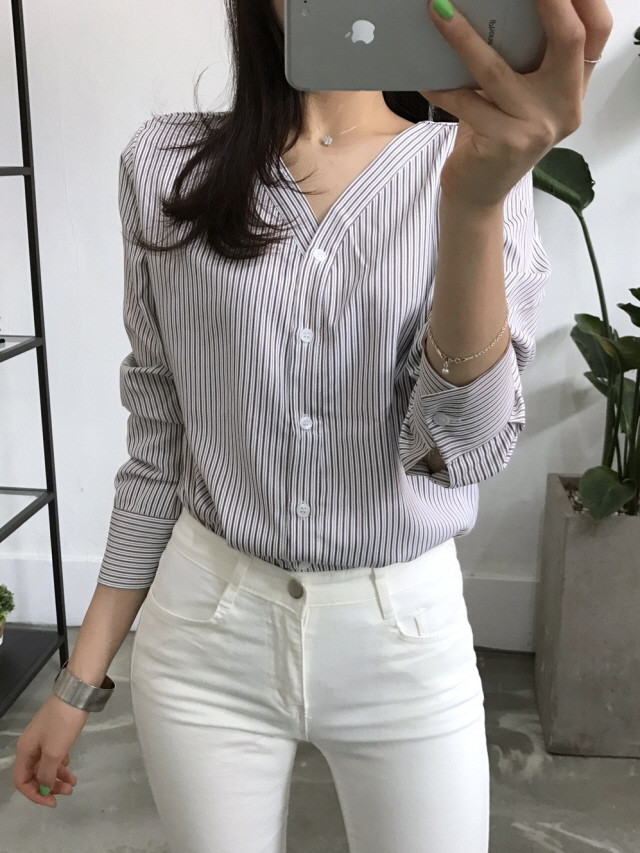 NEW FASHION LADY GIRL Blouse Stripe V-neck blouse