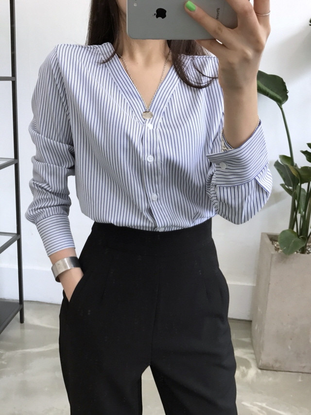 NEW FASHION LADY GIRL Blouse Stripe V-neck blouse