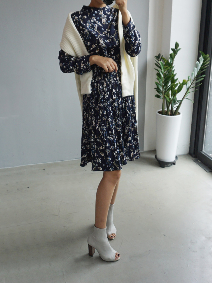 New Women Dress Bumpy Flower Slub Pleat Midi Dress