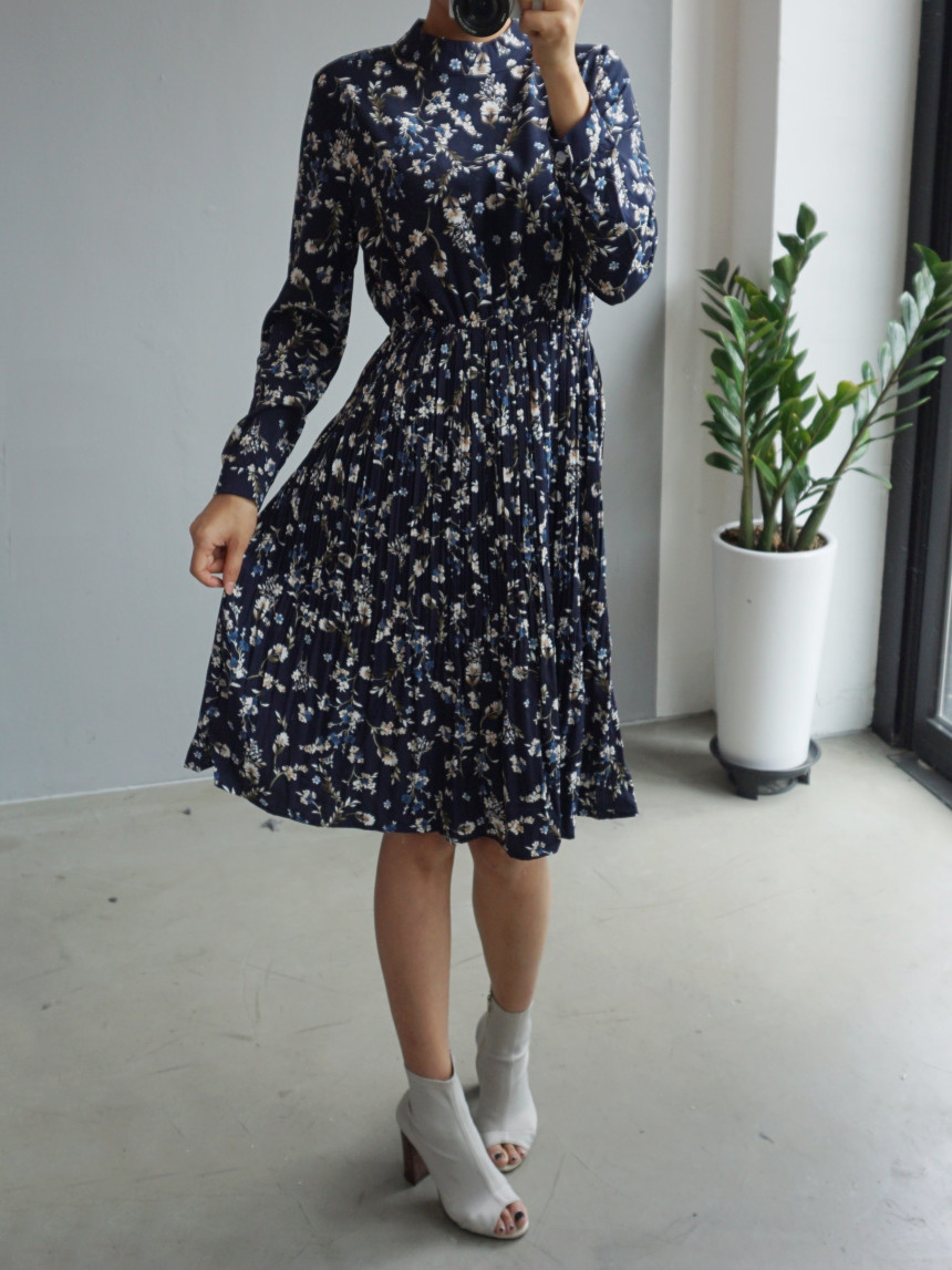 New Women Dress Bumpy Flower Slub Pleat Midi Dress