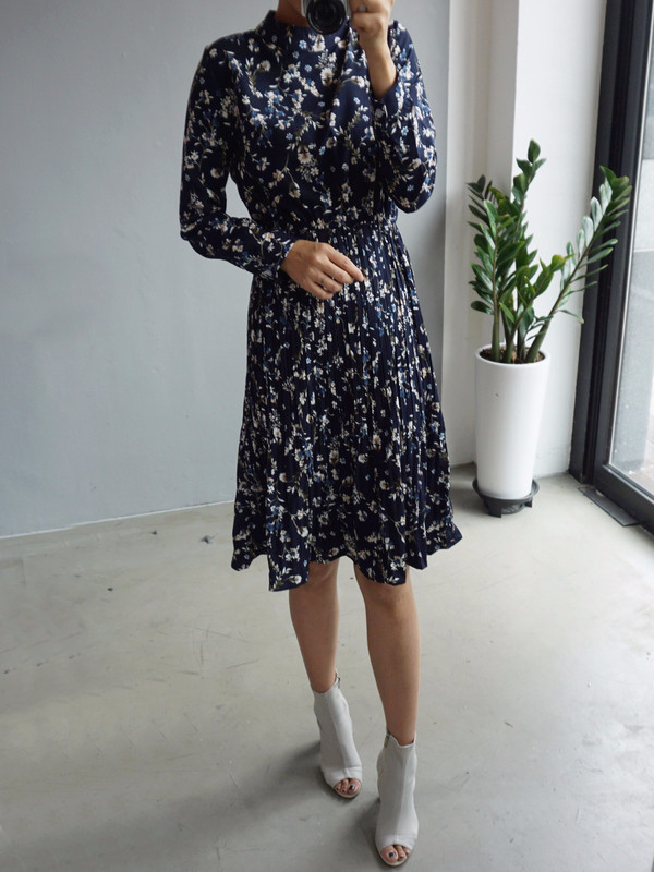 New Women Dress Bumpy Flower Slub Pleat Midi Dress