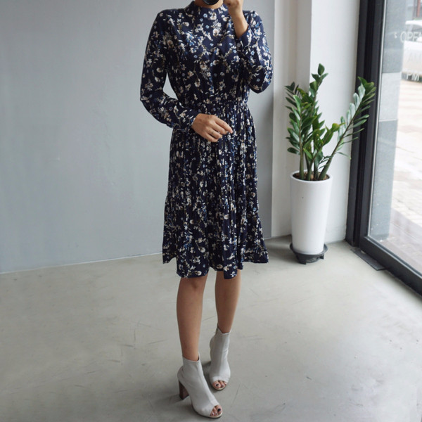 New Women Dress Bumpy Flower Slub Pleat Midi Dress