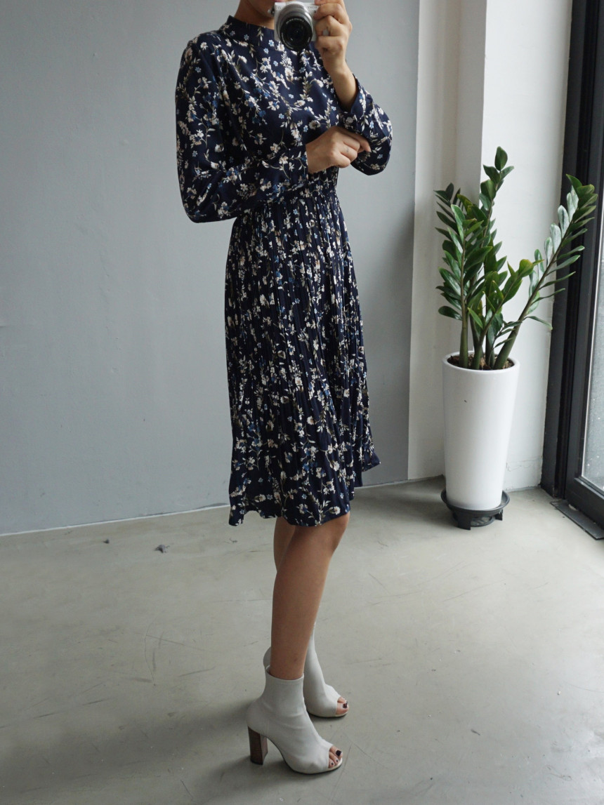 New Women Dress Bumpy Flower Slub Pleat Midi Dress