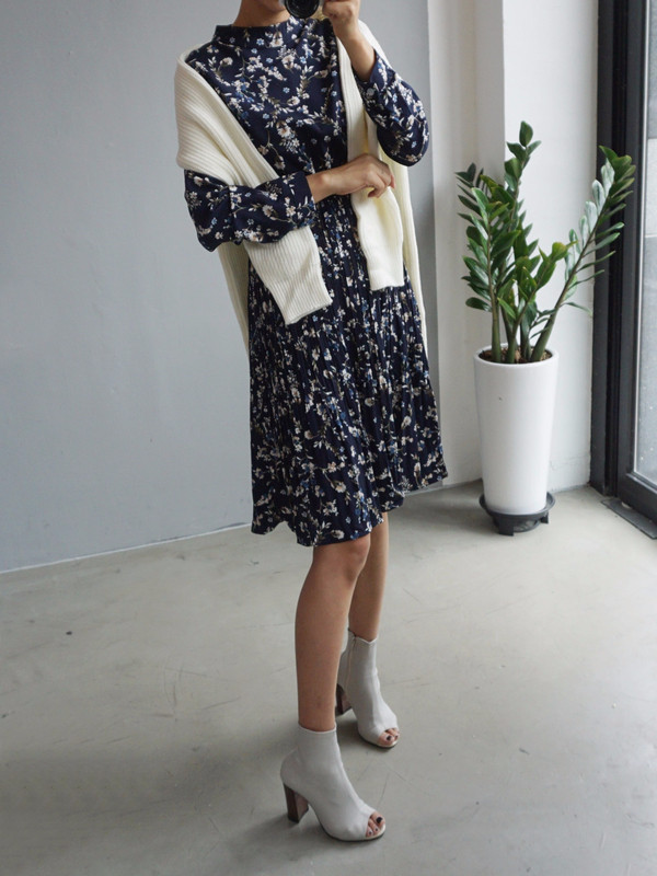 New Women Dress Bumpy Flower Slub Pleat Midi Dress