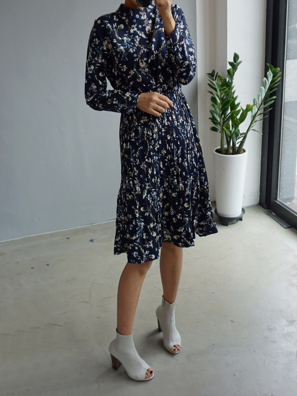 New Women Dress Bumpy Flower Slub Pleat Midi Dress