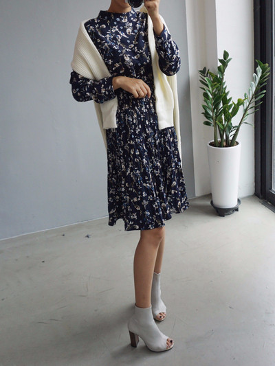 New Women Dress Bumpy Flower Slub Pleat Midi Dress