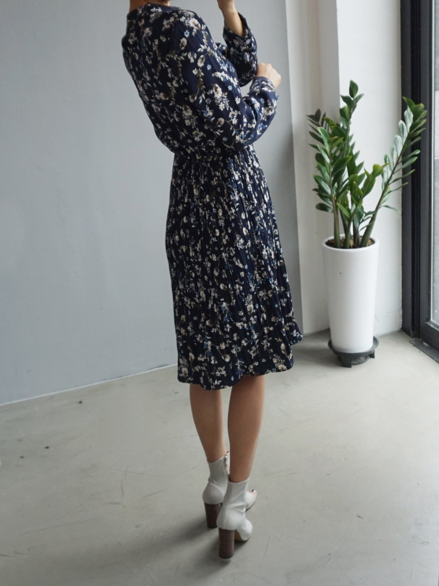 New Women Dress Bumpy Flower Slub Pleat Midi Dress