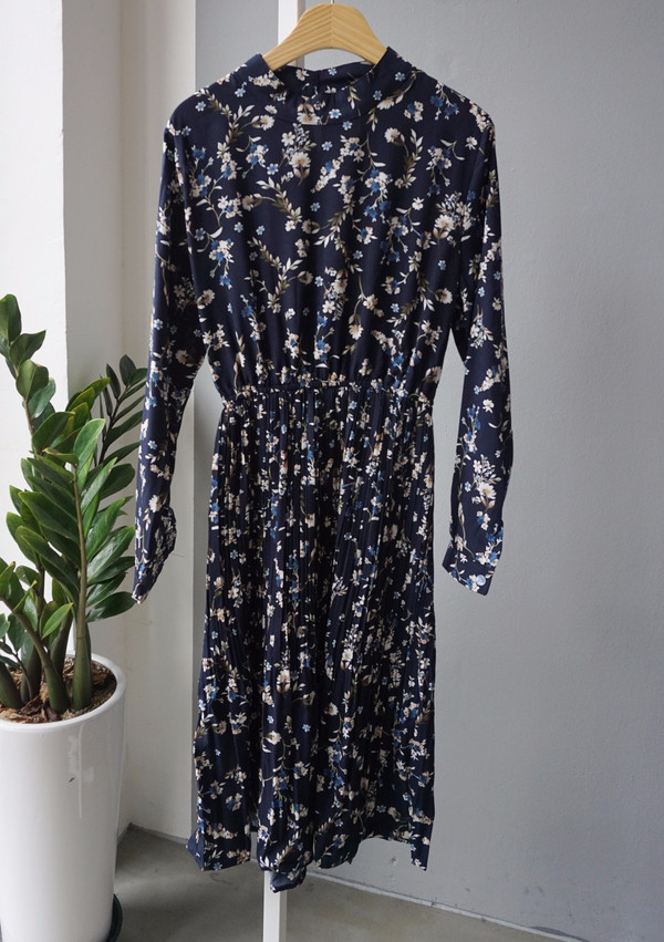 New Women Dress Bumpy Flower Slub Pleat Midi Dress