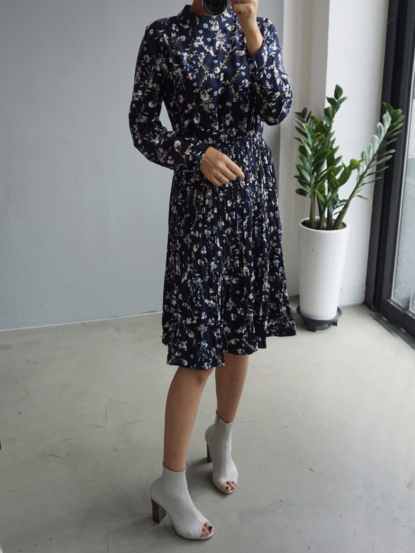 New Women Dress Bumpy Flower Slub Pleat Midi Dress