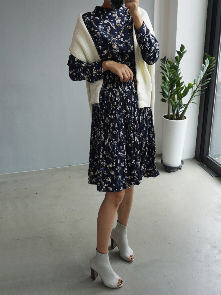 New Women Dress Bumpy Flower Slub Pleat Midi Dress