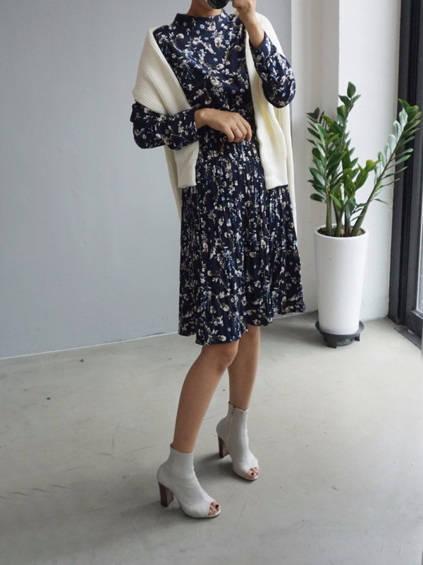 New Women Dress Bumpy Flower Slub Pleat Midi Dress
