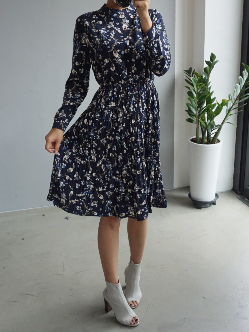 New Women Dress Bumpy Flower Slub Pleat Midi Dress