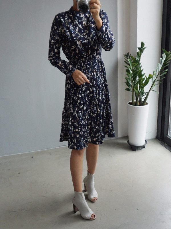 New Women Dress Bumpy Flower Slub Pleat Midi Dress