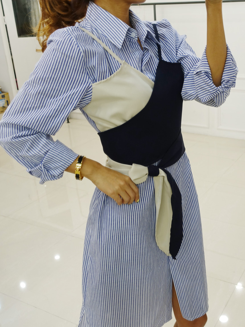 New Bustier striped long-sleeved shirt dress 2col 