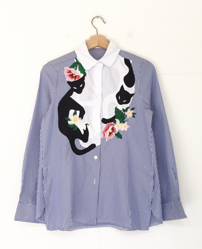 Cat coloring shirt Striped Wine Color Embroidery F