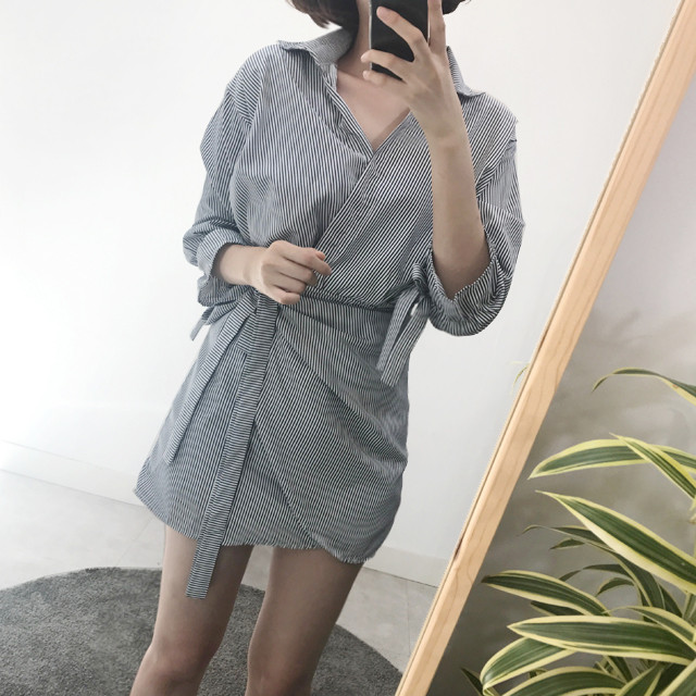 New V Neck Stripe Shirt Wrap Dress Black Mini Autu