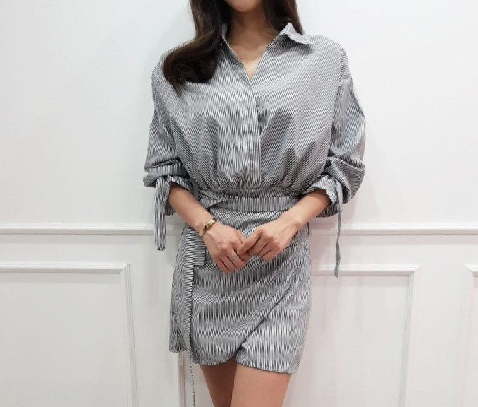 New Striped Shirt Wrap One Piece Mini Date Look Fe
