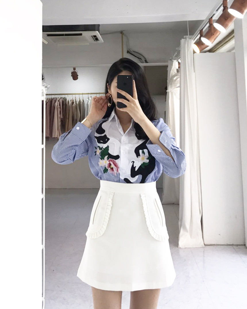 Cat coloring shirt Striped Wine Color Embroidery F