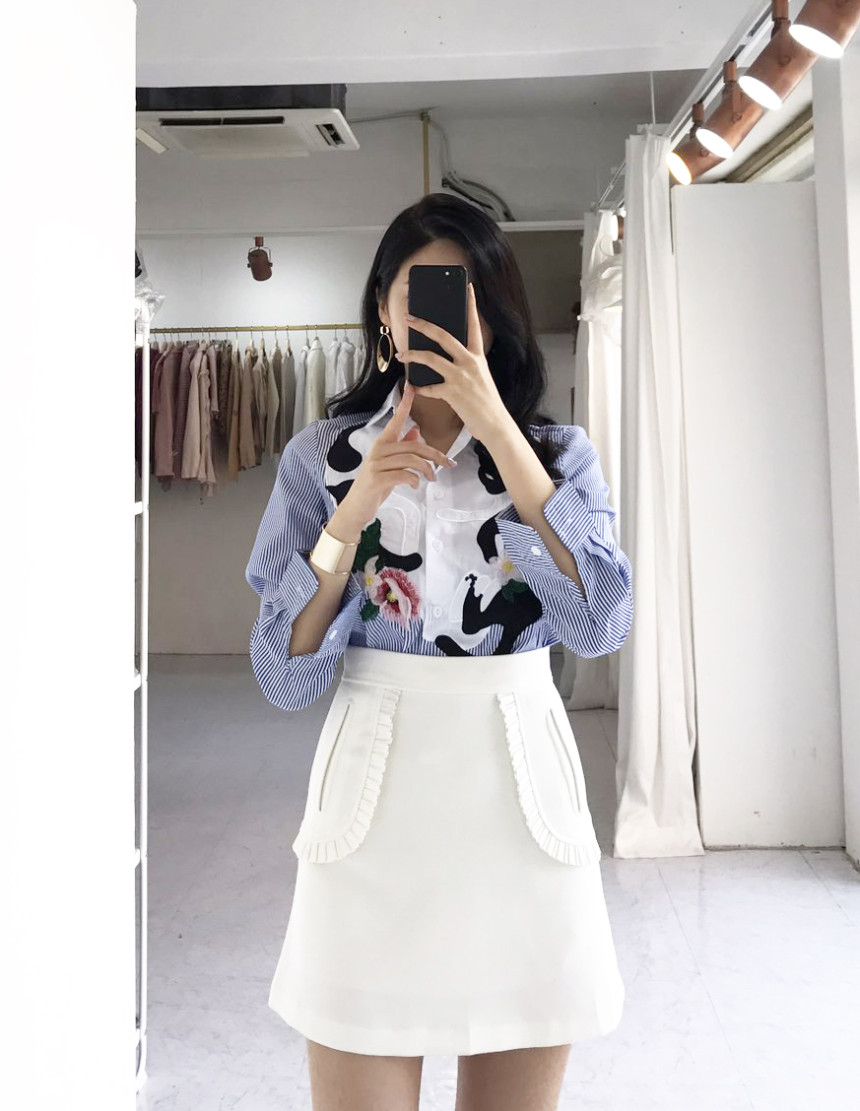 Cat coloring shirt Striped Wine Color Embroidery F